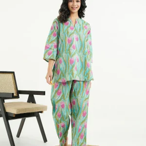 Cotton Printed Lounge Wear Coord Set Green-Flower