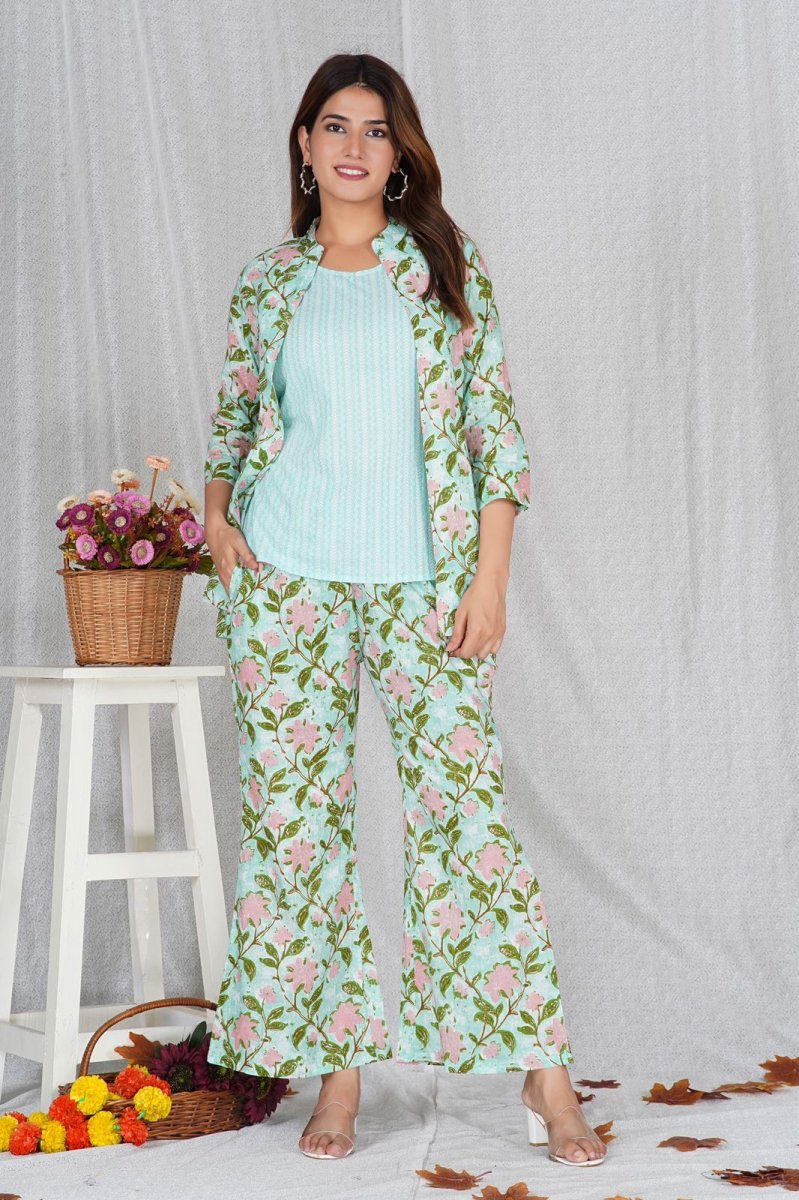 Aqua Blossom Three Piece Cotton Co-ord Set - Image 5